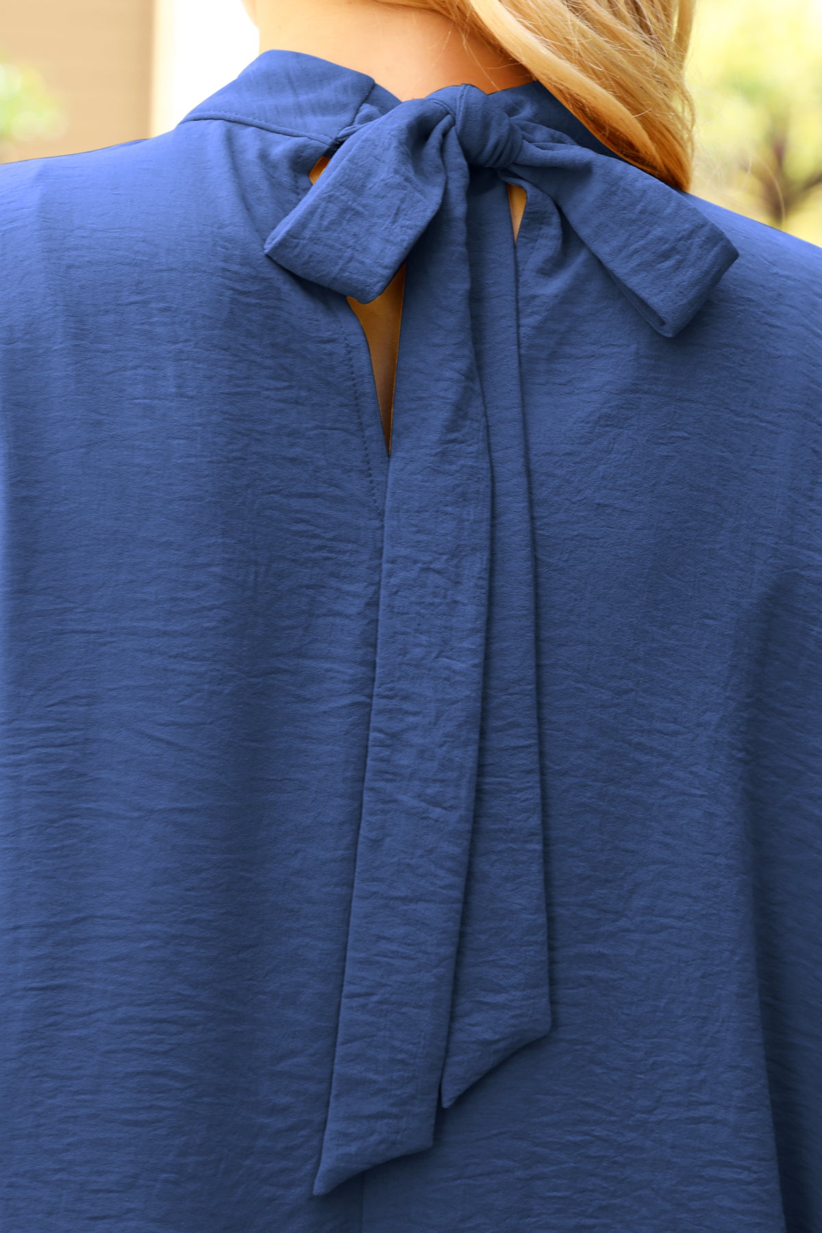 Solid Dolman Sleeve Back Ribbon High Neck Top