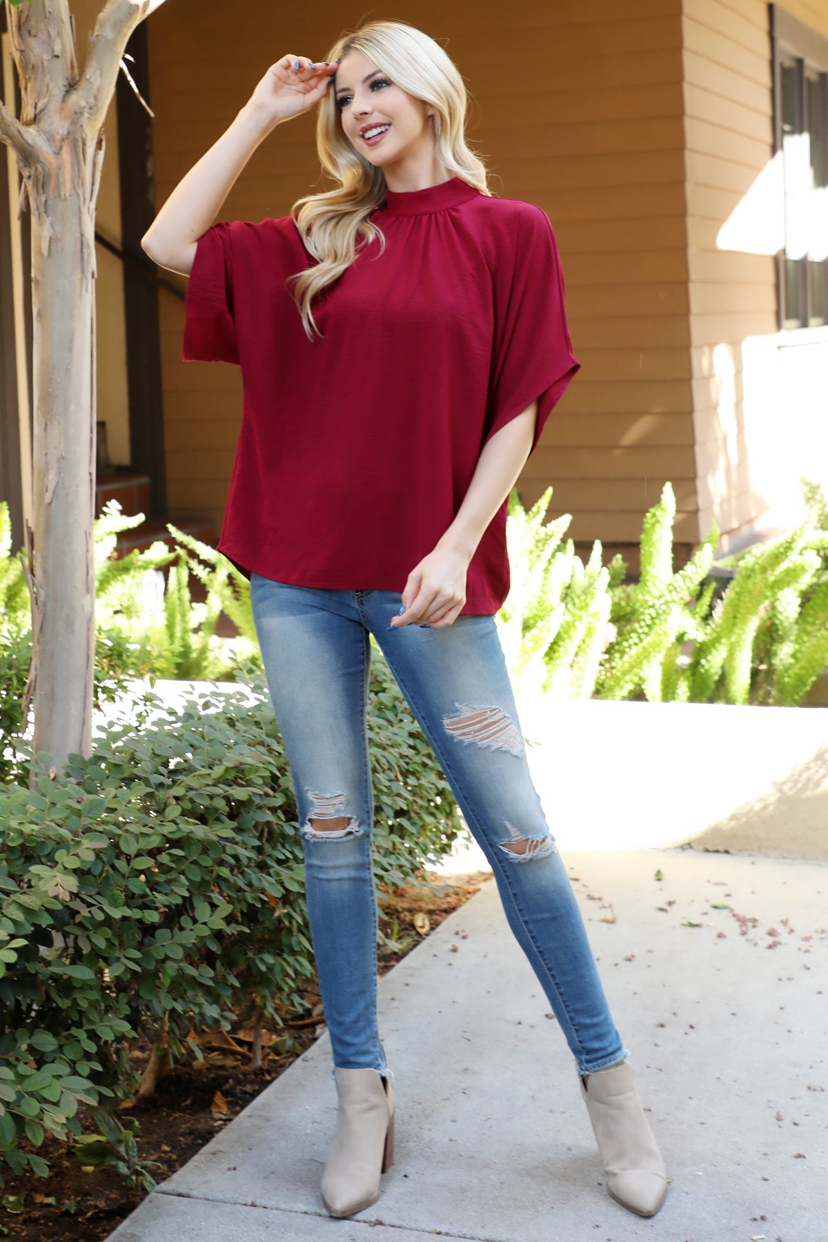 Solid Dolman Sleeve Back Ribbon High Neck Top