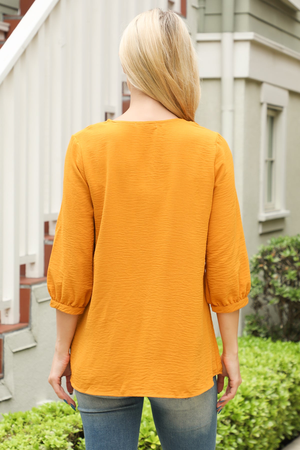 Button Detail Notch Neck Half Sleeve Textured Top
