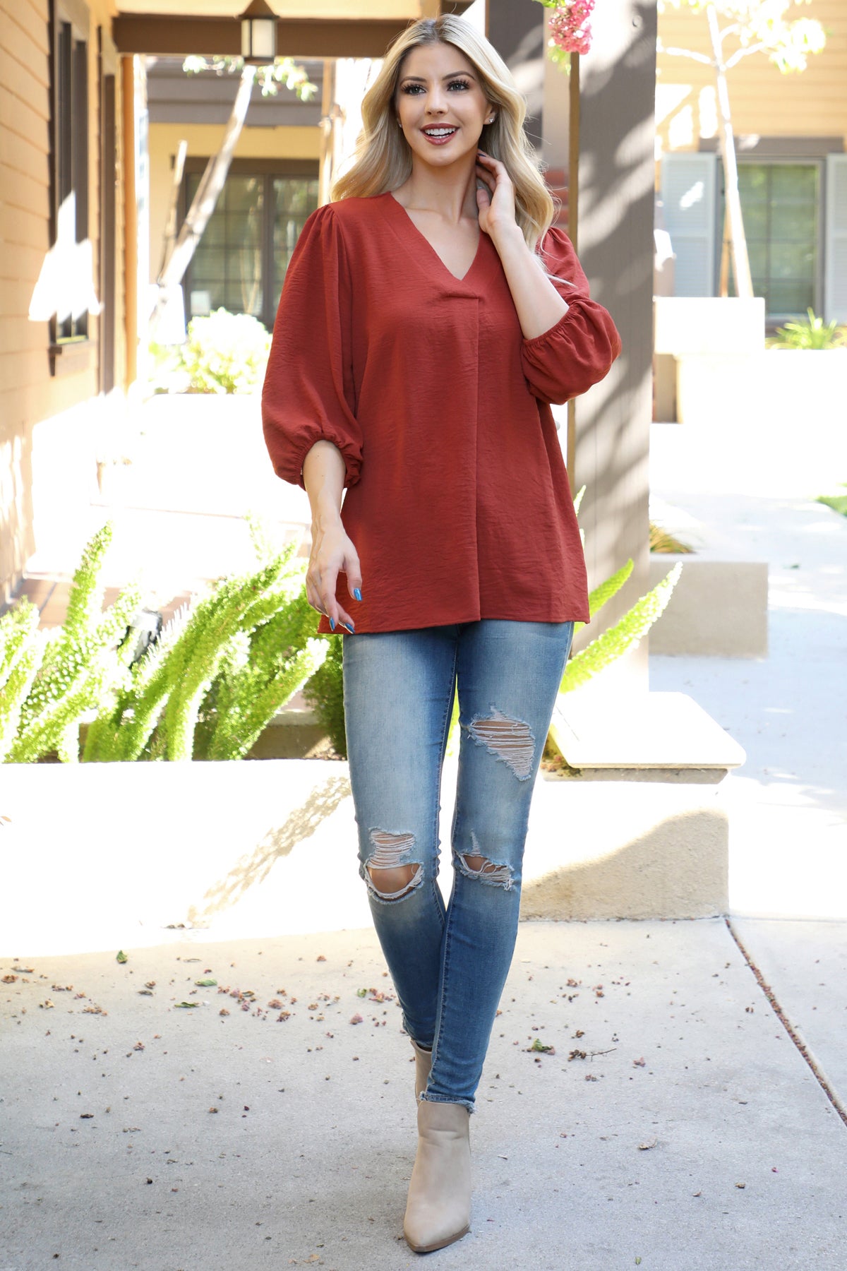 Plus Size V-Neck Band Elastic Tunnel Sleeve Woven Top