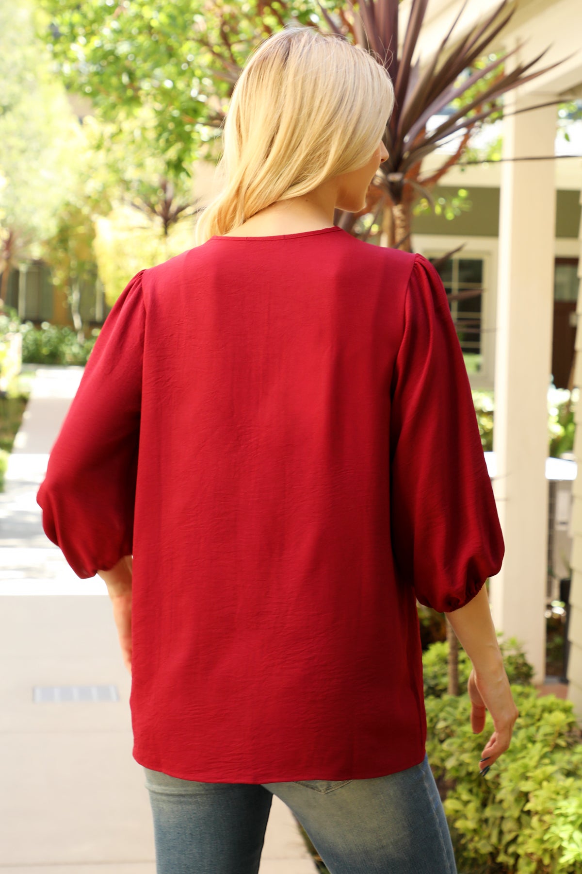 Plus Size V-Neck Band Elastic Tunnel Sleeve Woven Top