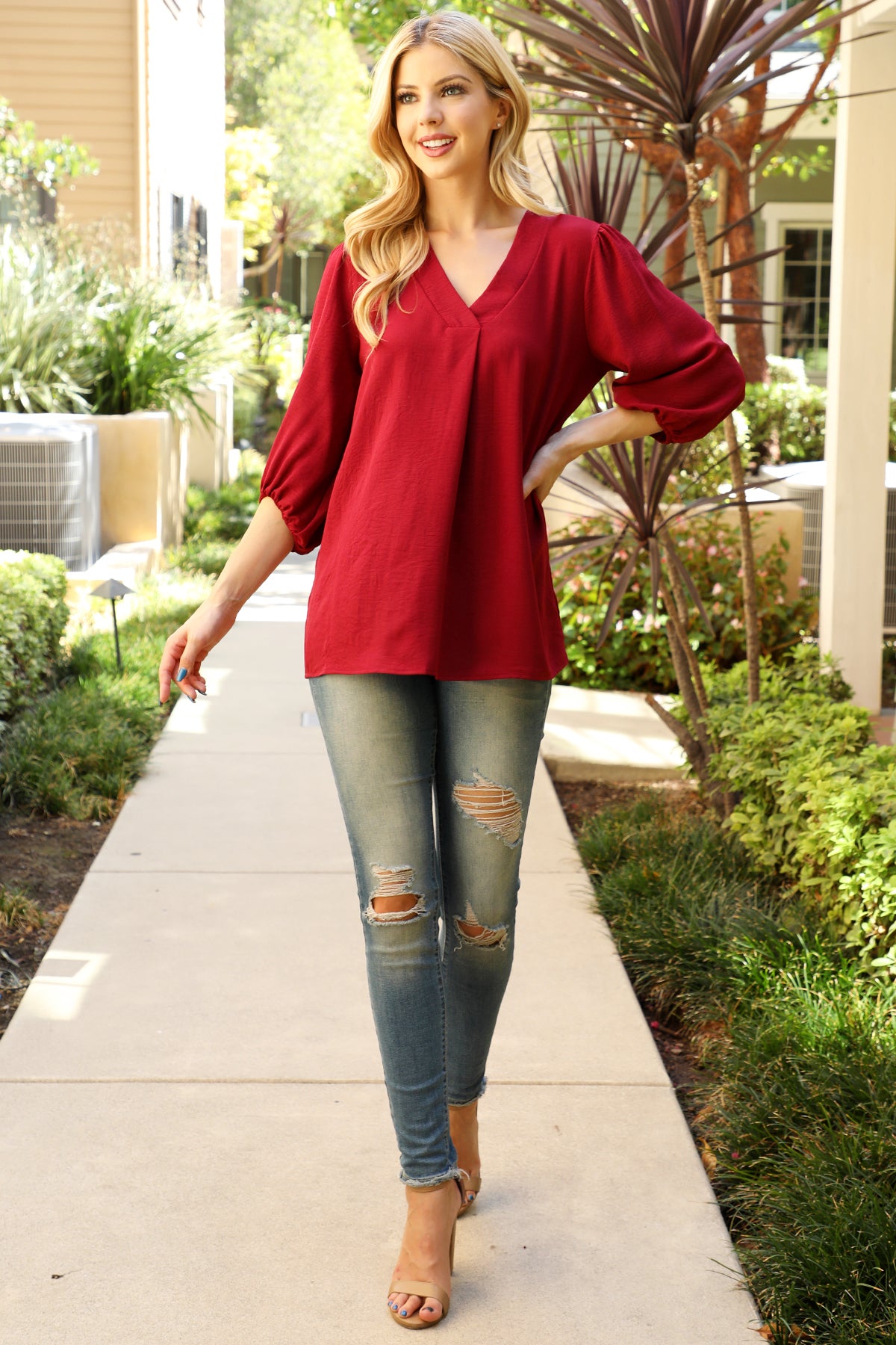 V-Neck Elastic Tunnel Sleeve Woven Top