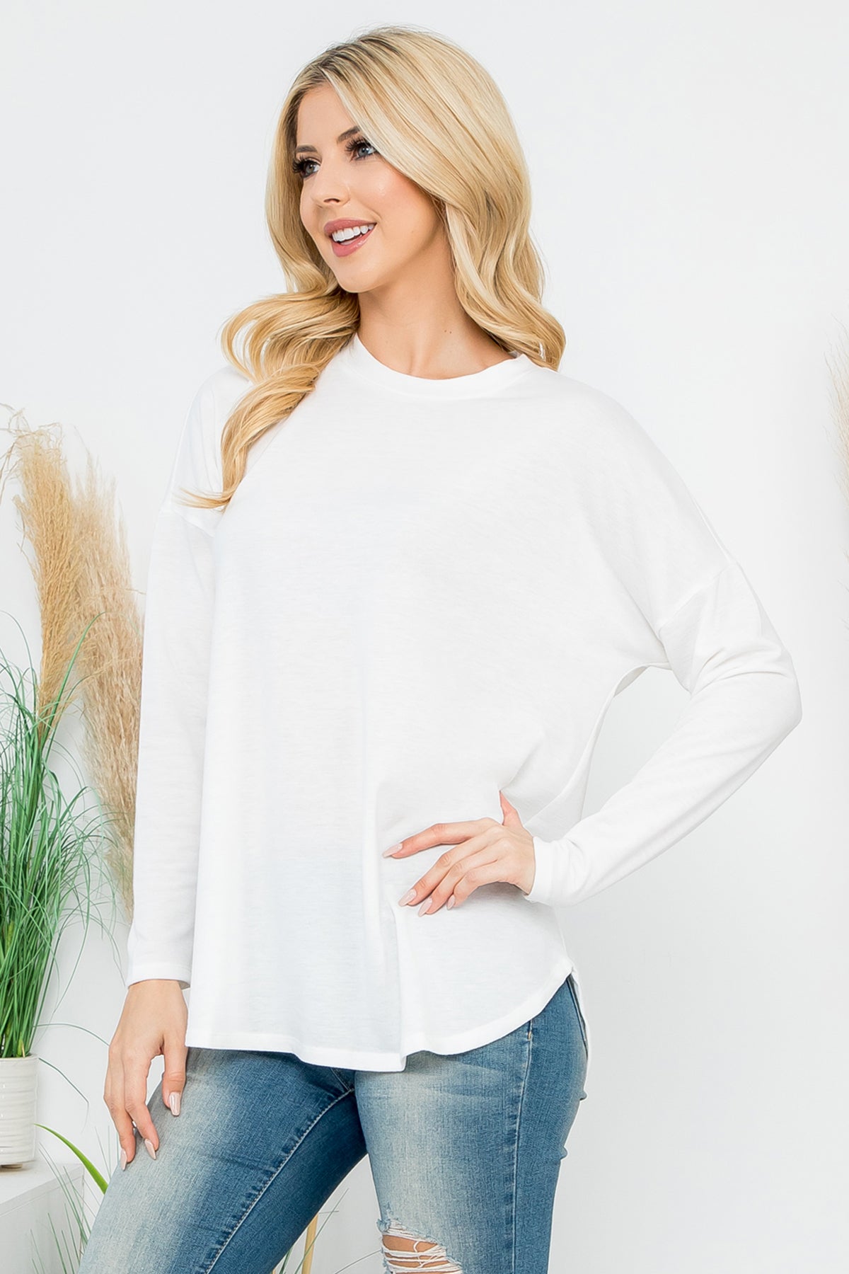 Long Sleeve French Terry Rounded Hem Top