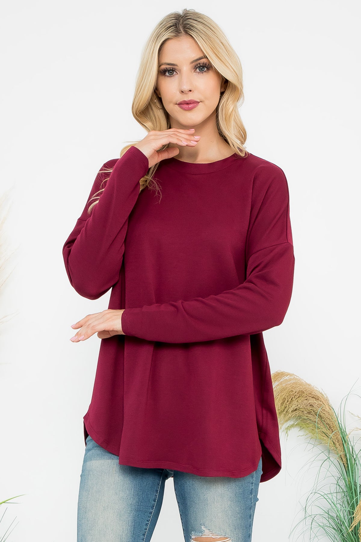 Long Sleeve French Terry Rounded Hem Top