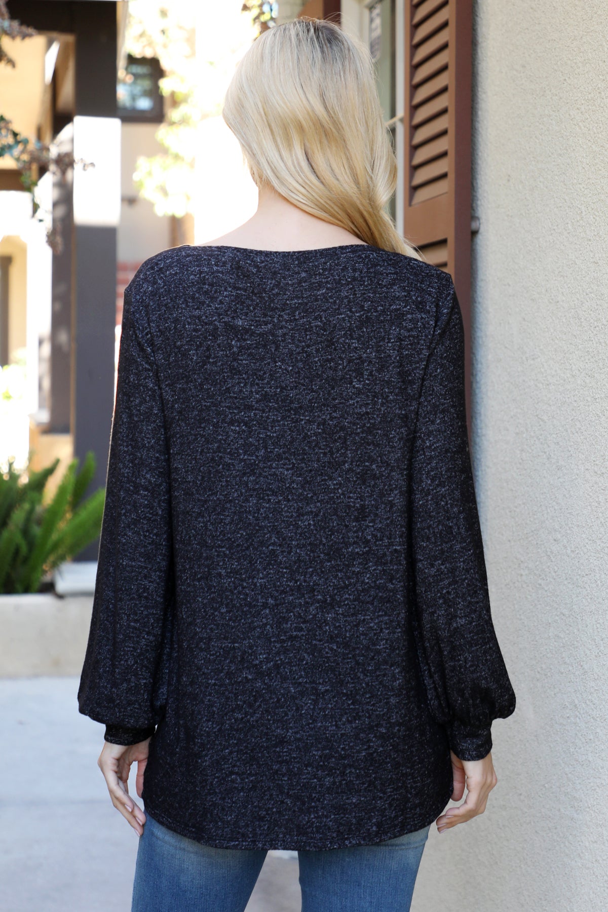 Boat Neckline Puff Sleeve Hacci Brushed Top