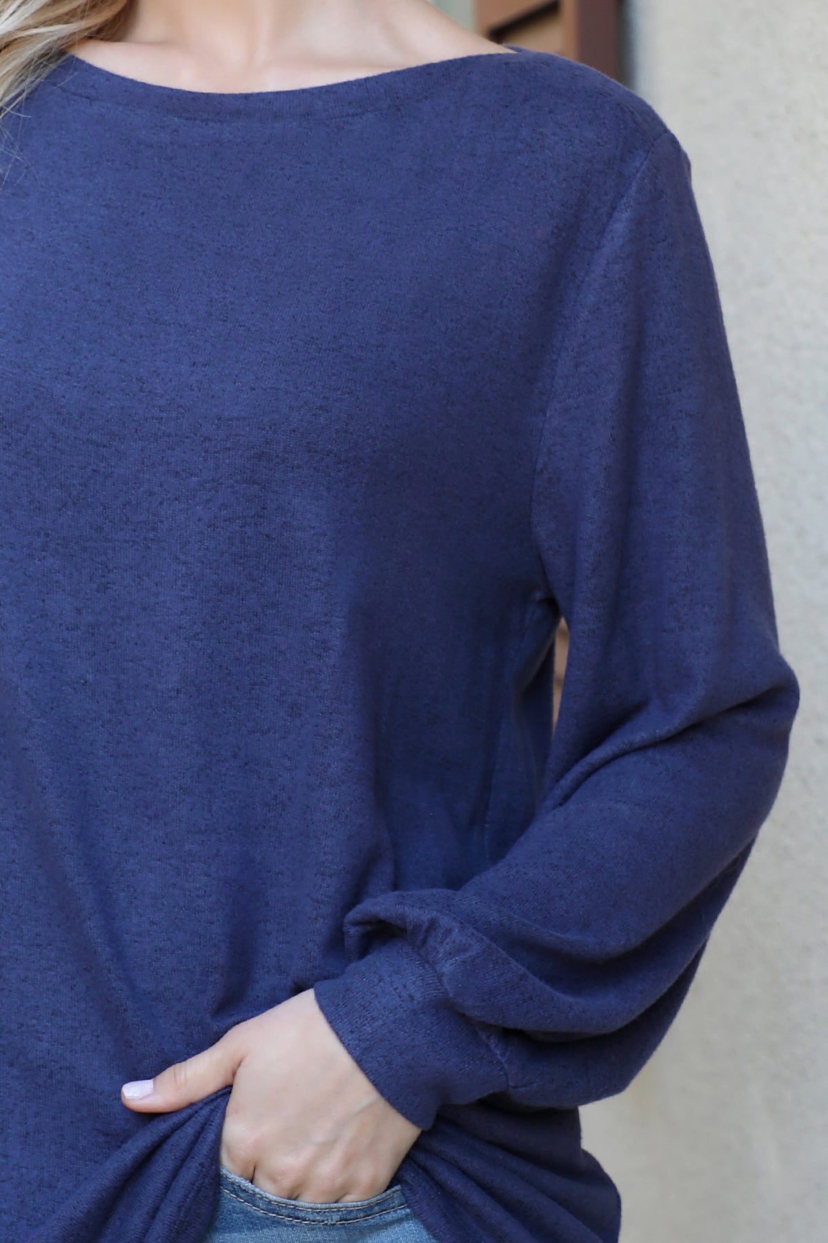 Boat Neckline Puff Sleeve Hacci Brushed Top