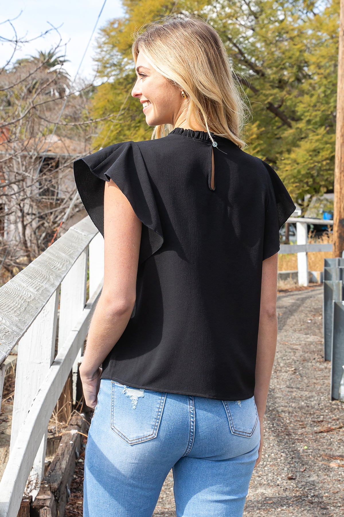 Fold Frill Neckline Butterfly Sleeve Solid Top
