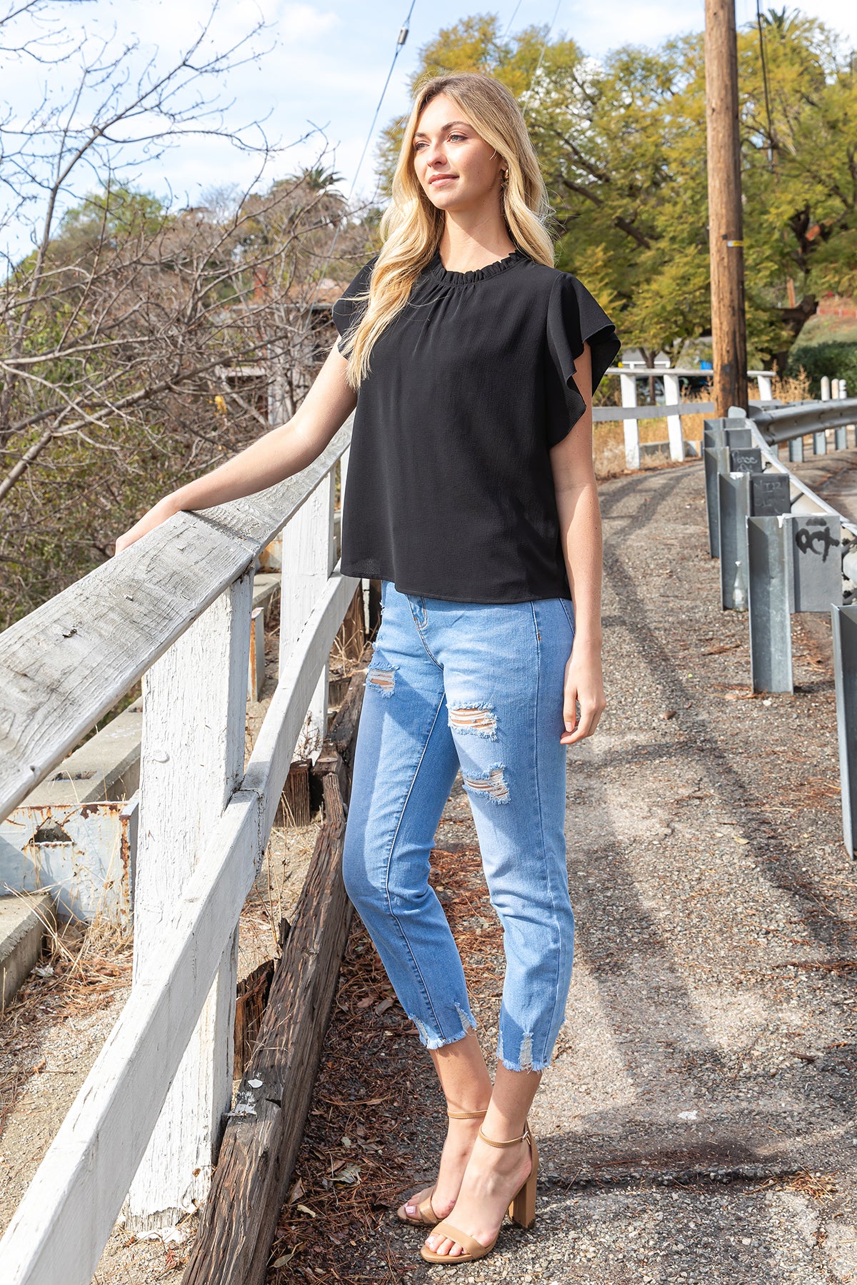 Fold Frill Neckline Butterfly Sleeve Solid Top