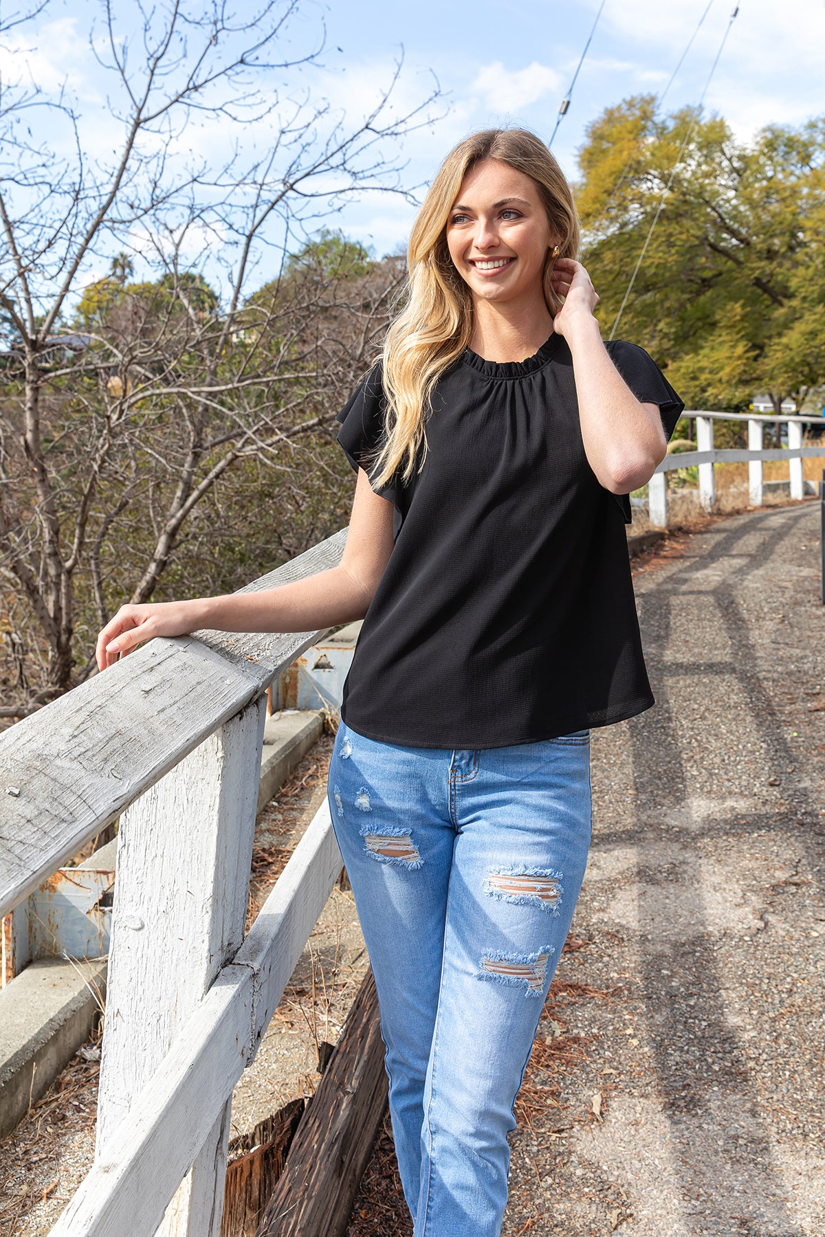 Fold Frill Neckline Butterfly Sleeve Solid Top