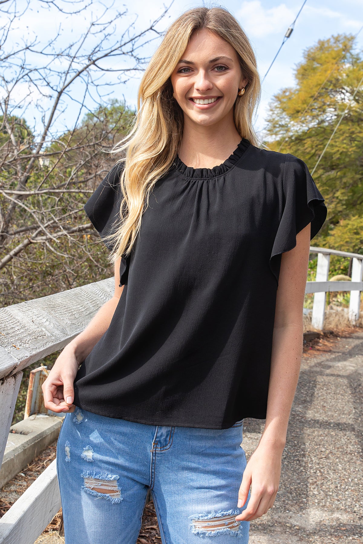Fold Frill Neckline Butterfly Sleeve Solid Top