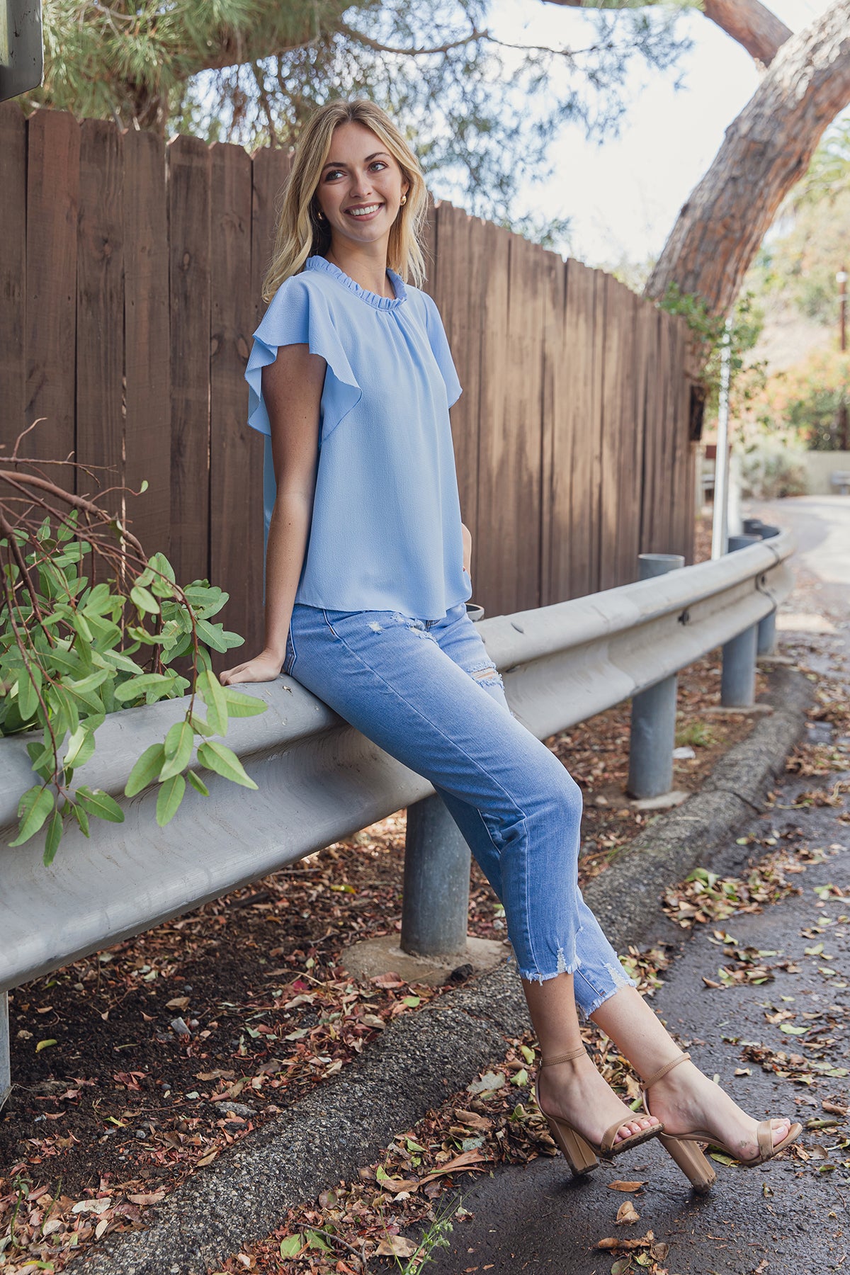 Fold Frill Neckline Butterfly Sleeve Solid Top