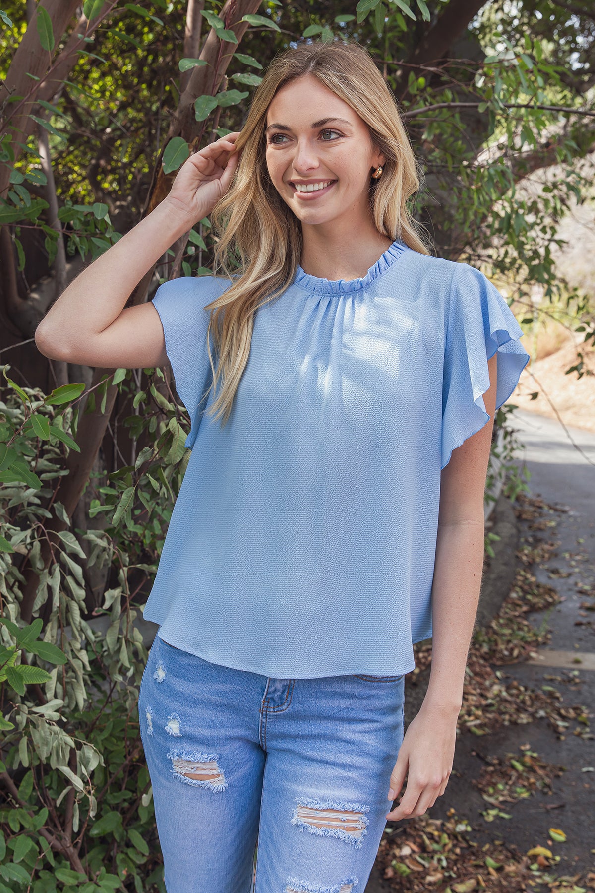 Fold Frill Neckline Butterfly Sleeve Solid Top