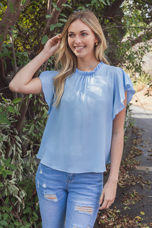 Fold Frill Neckline Butterfly Sleeve Solid Top