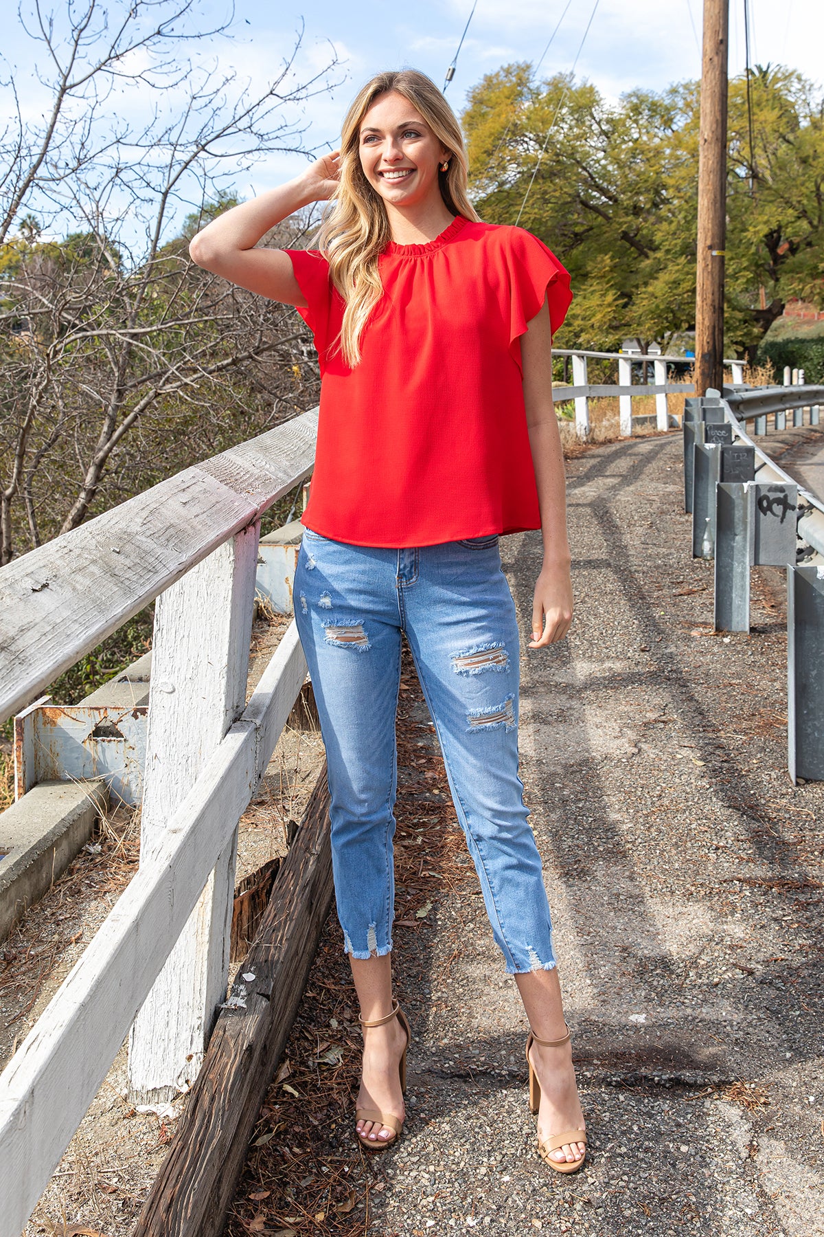 Fold Frill Neckline Butterfly Sleeve Solid Top