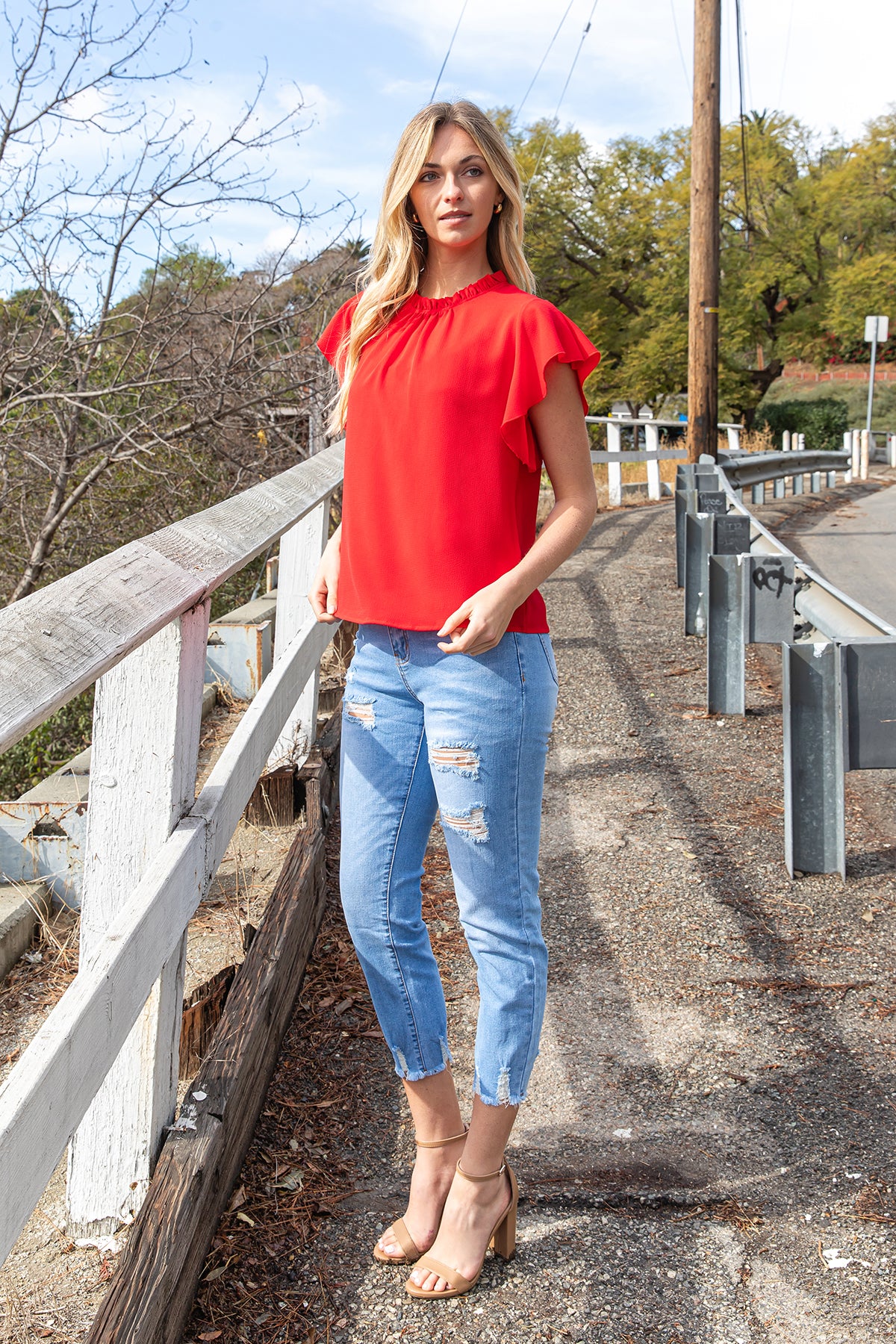 Fold Frill Neckline Butterfly Sleeve Solid Top