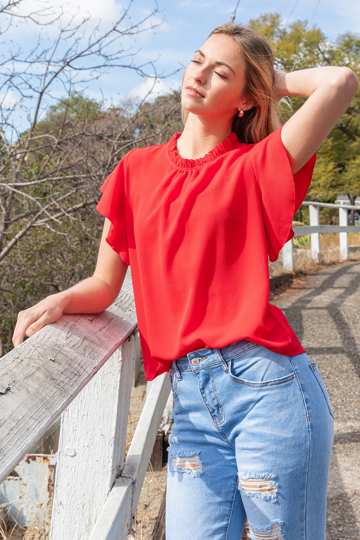 Fold Frill Neckline Butterfly Sleeve Solid Top