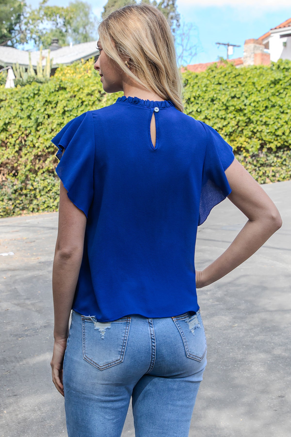 Fold Frill Neckline Butterfly Sleeve Solid Top