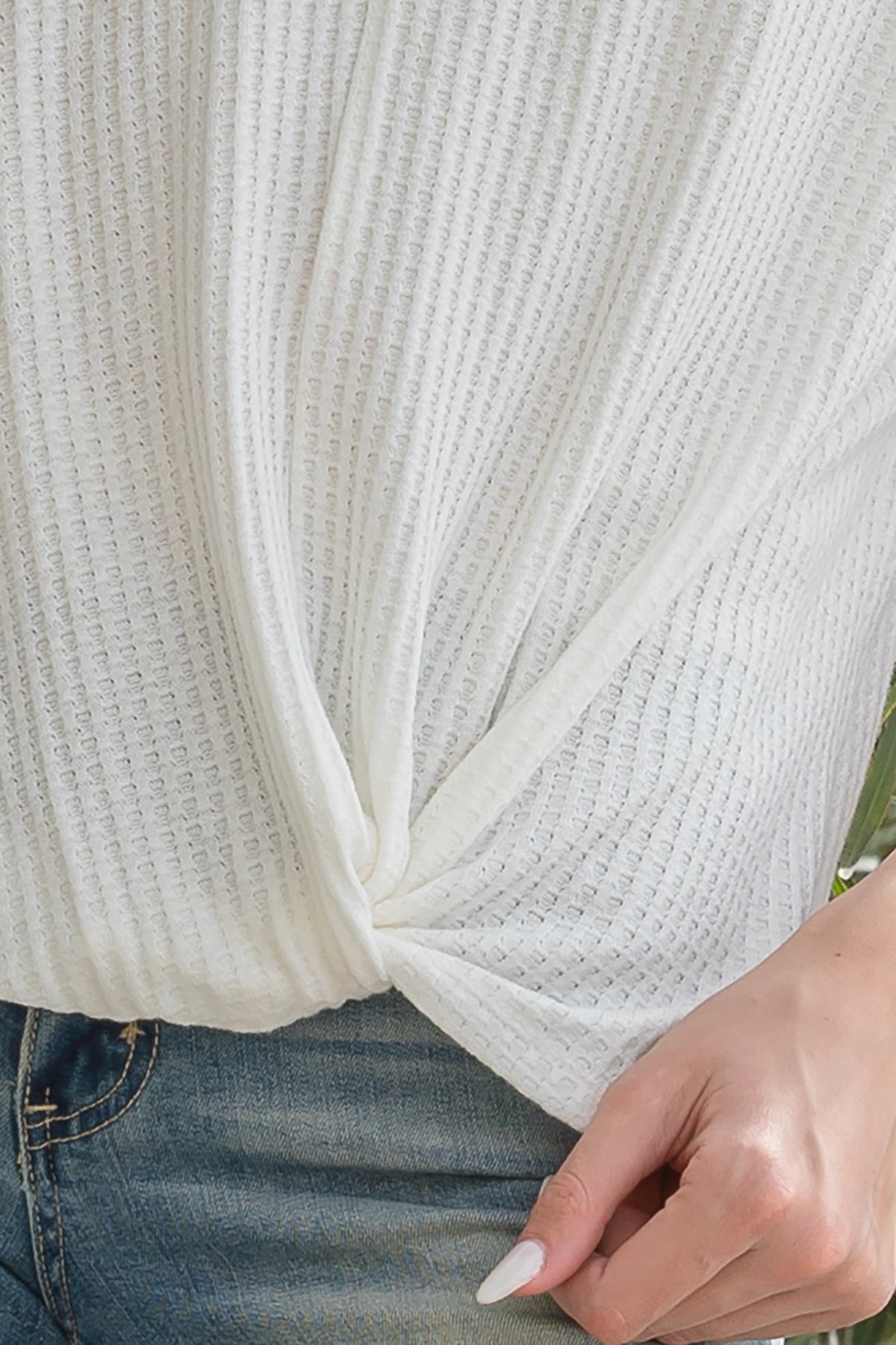 Half Sleeve Front Twisted Hem Waffle Knit Solid Top