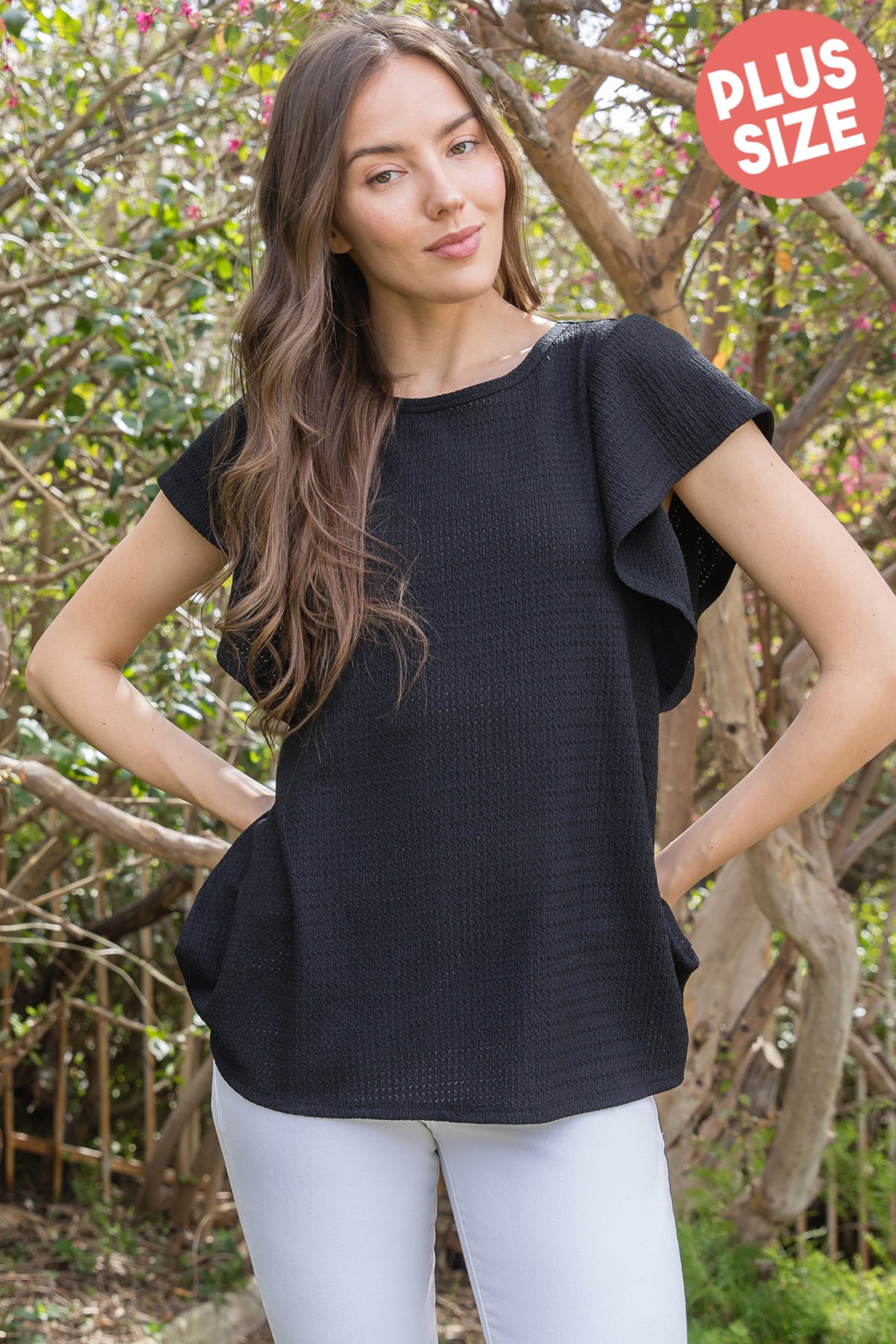 Plus Size Butterfly Sleeve Textured Solid Top