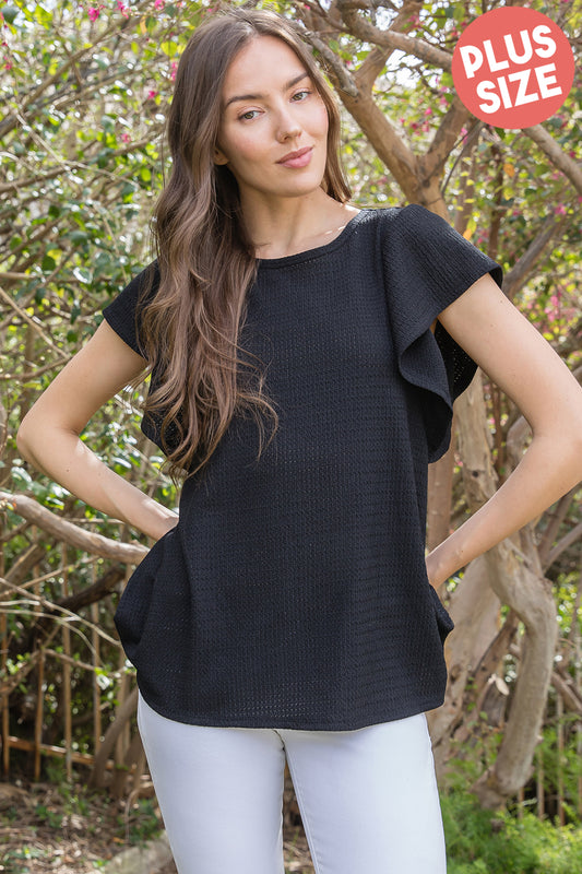 Plus Size Butterfly Sleeve Textured Solid Top