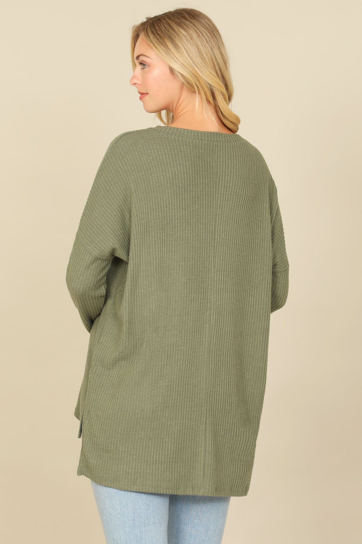 Brushed Waffle V-Neck Long Sleeve Side Slit Top