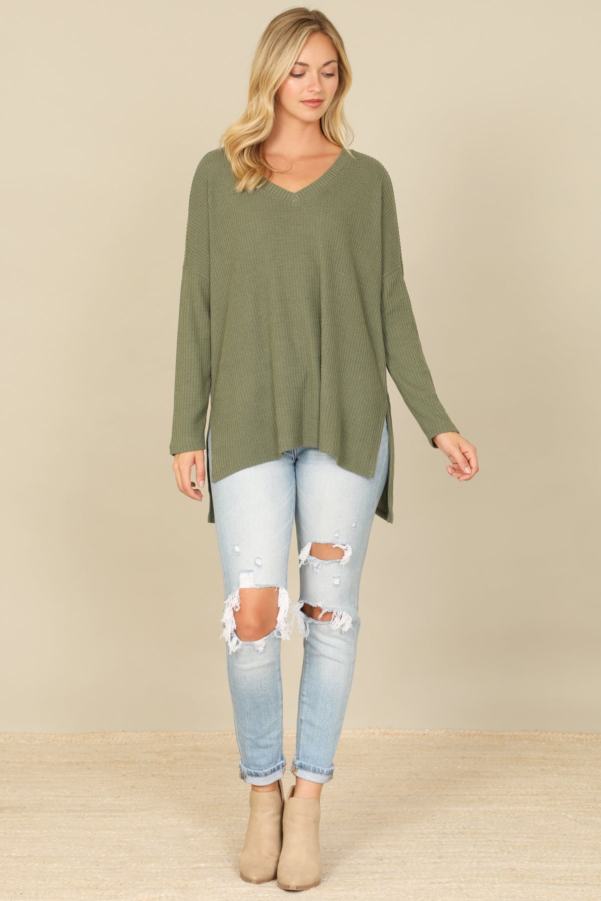 Brushed Waffle V-Neck Long Sleeve Side Slit Top