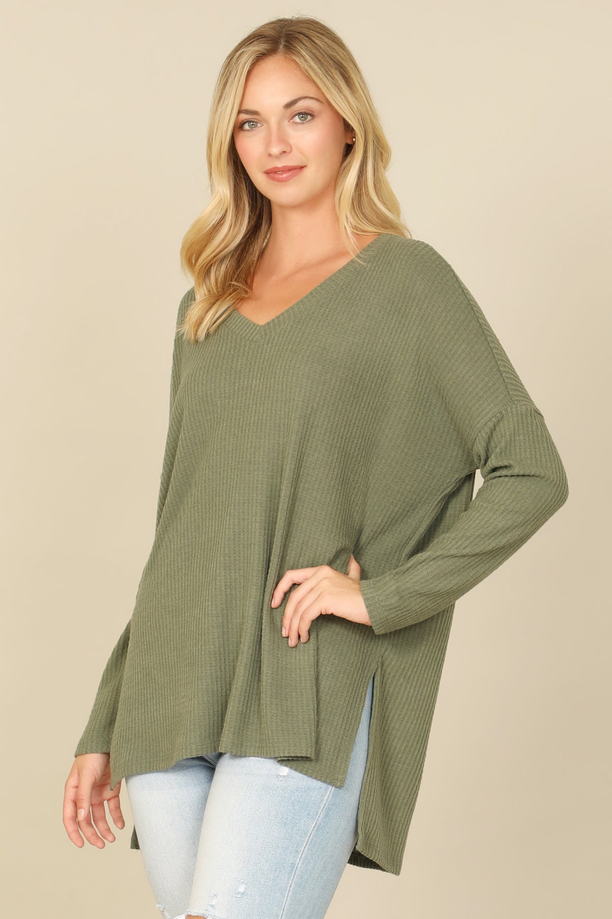 Brushed Waffle V-Neck Long Sleeve Side Slit Top