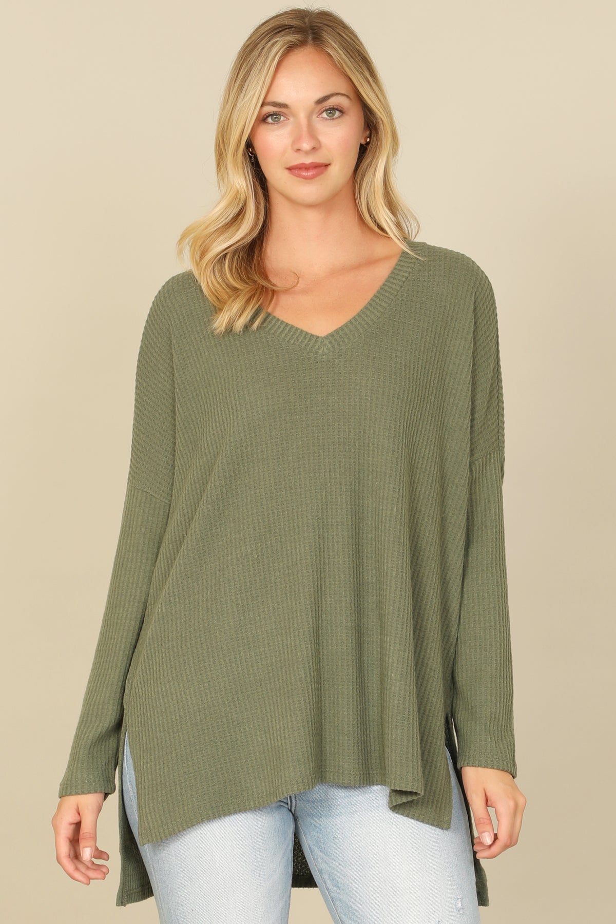 Brushed Waffle V-Neck Long Sleeve Side Slit Top