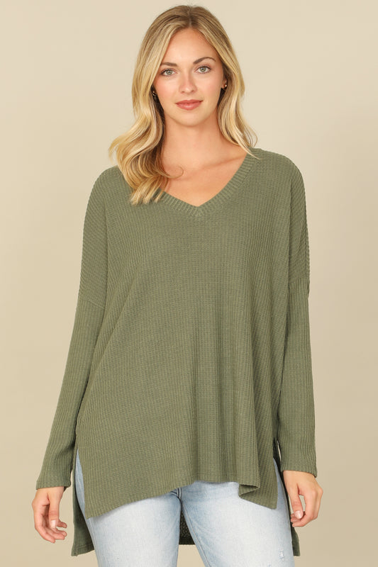 Brushed Waffle V-Neck Long Sleeve Side Slit Top