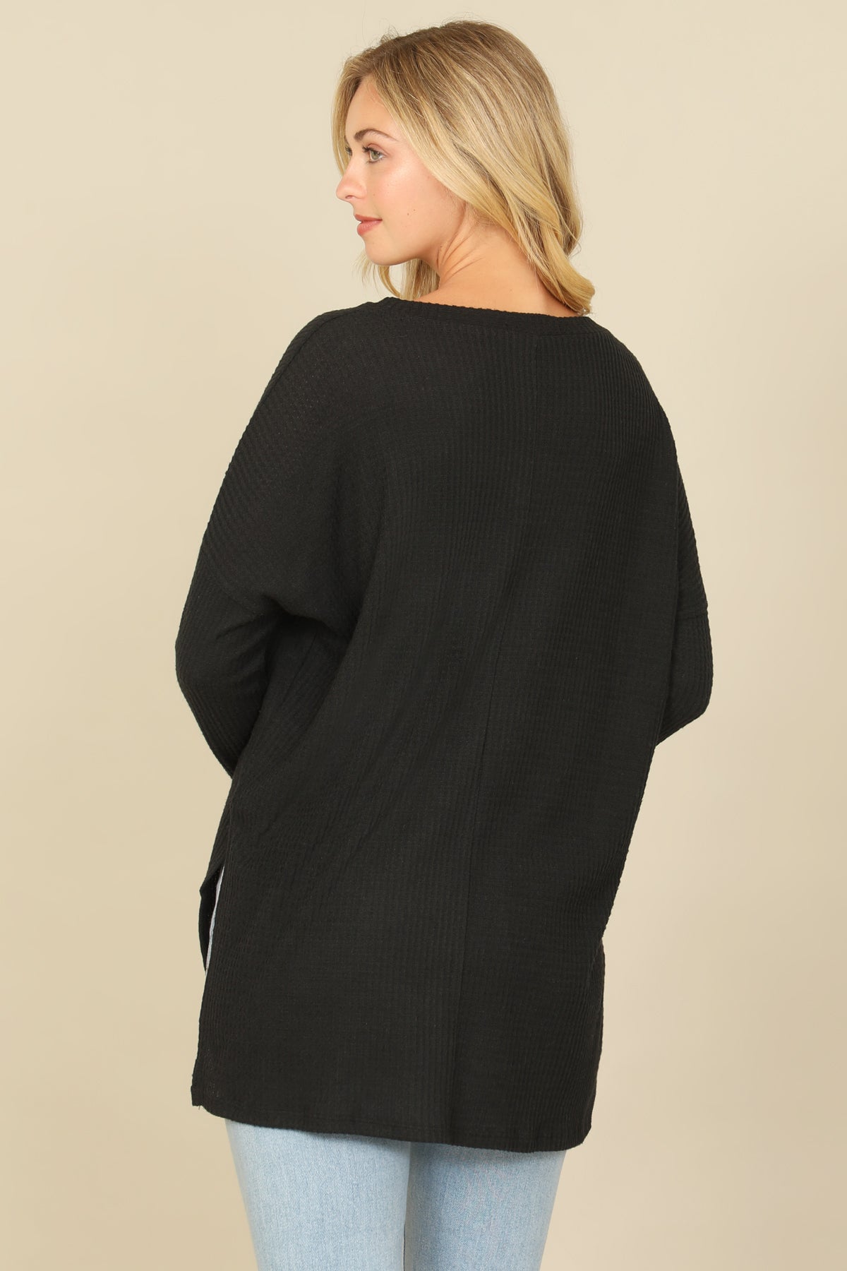 Brushed Waffle V-Neck Long Sleeve Side Slit Top