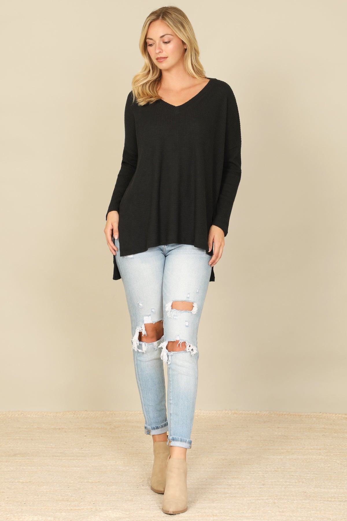 Brushed Waffle V-Neck Long Sleeve Side Slit Top
