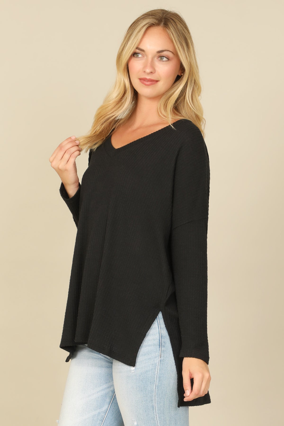 Brushed Waffle V-Neck Long Sleeve Side Slit Top