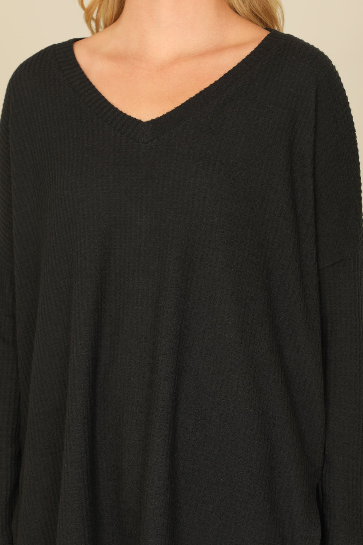 Brushed Waffle V-Neck Long Sleeve Side Slit Top