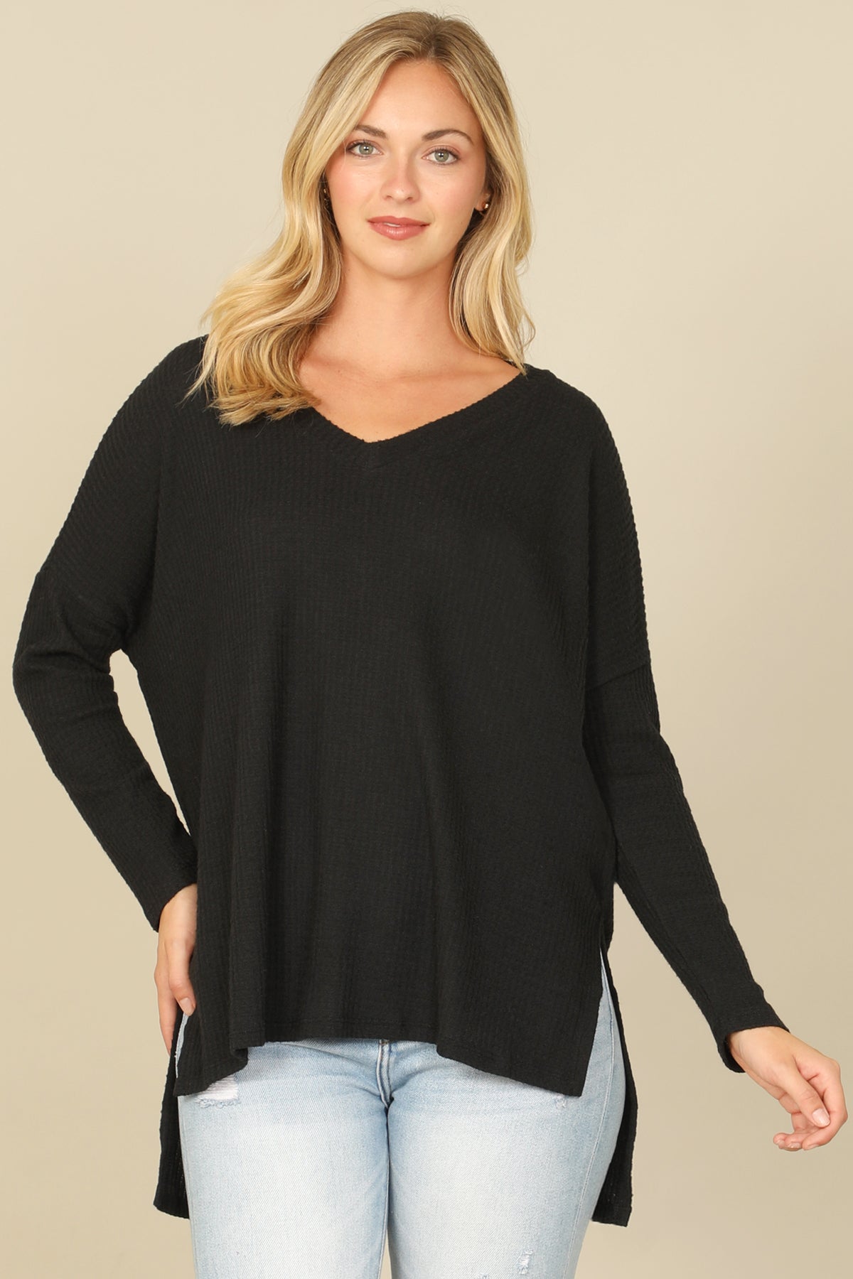 Brushed Waffle V-Neck Long Sleeve Side Slit Top
