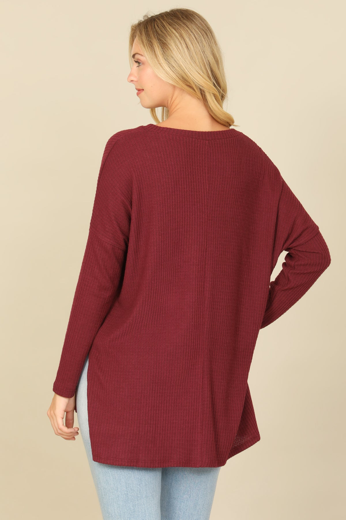 Brushed Waffle V-Neck Long Sleeve Side Slit Top