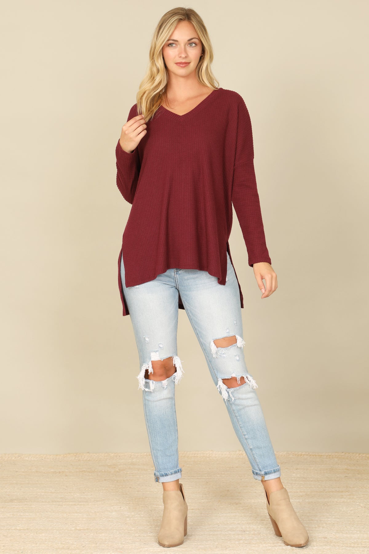 Brushed Waffle V-Neck Long Sleeve Side Slit Top