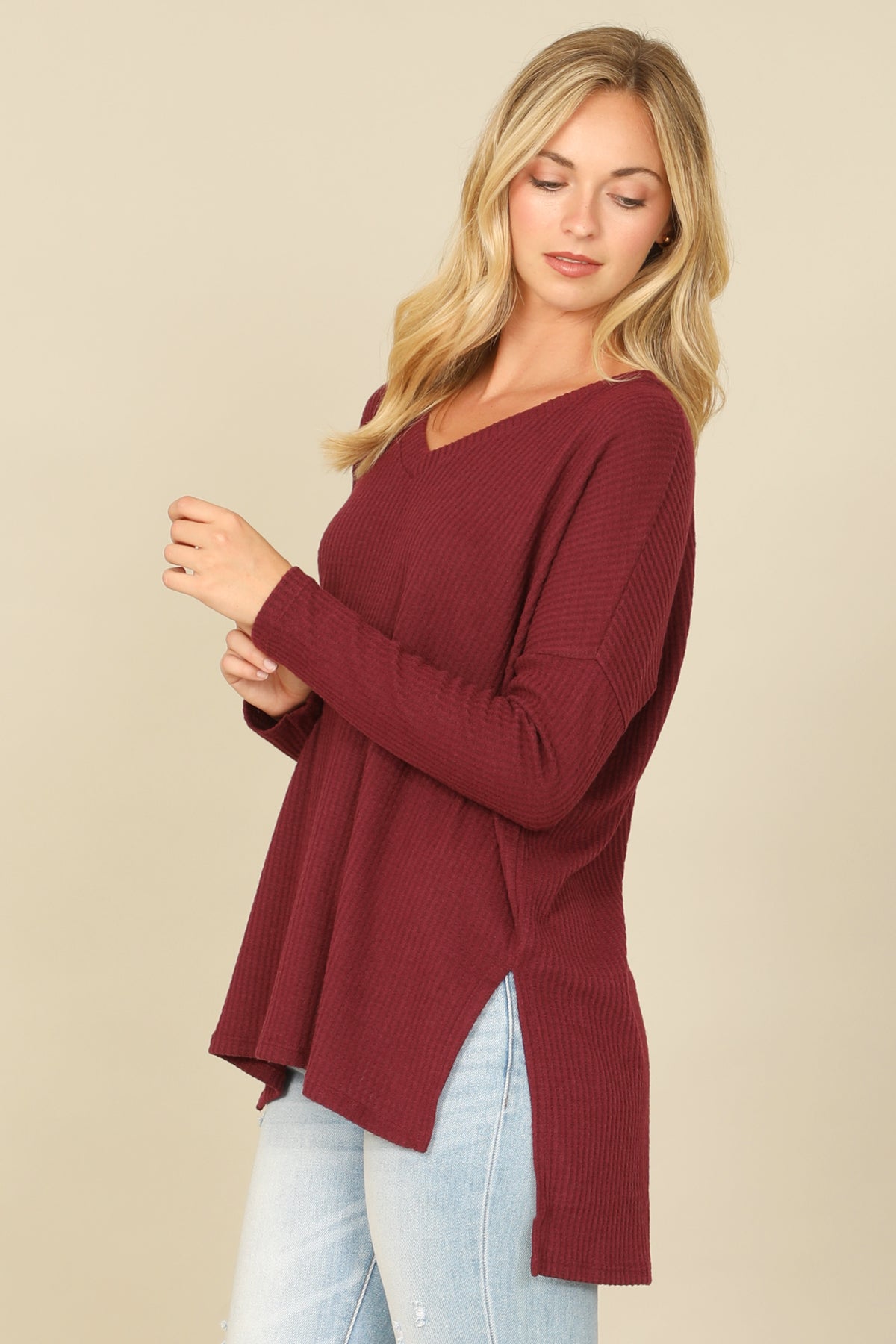 Brushed Waffle V-Neck Long Sleeve Side Slit Top
