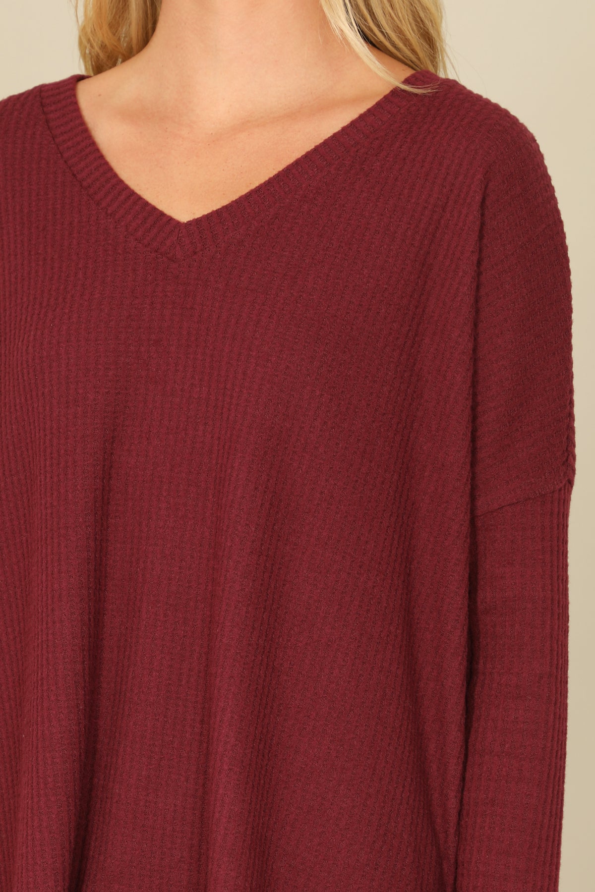 Brushed Waffle V-Neck Long Sleeve Side Slit Top