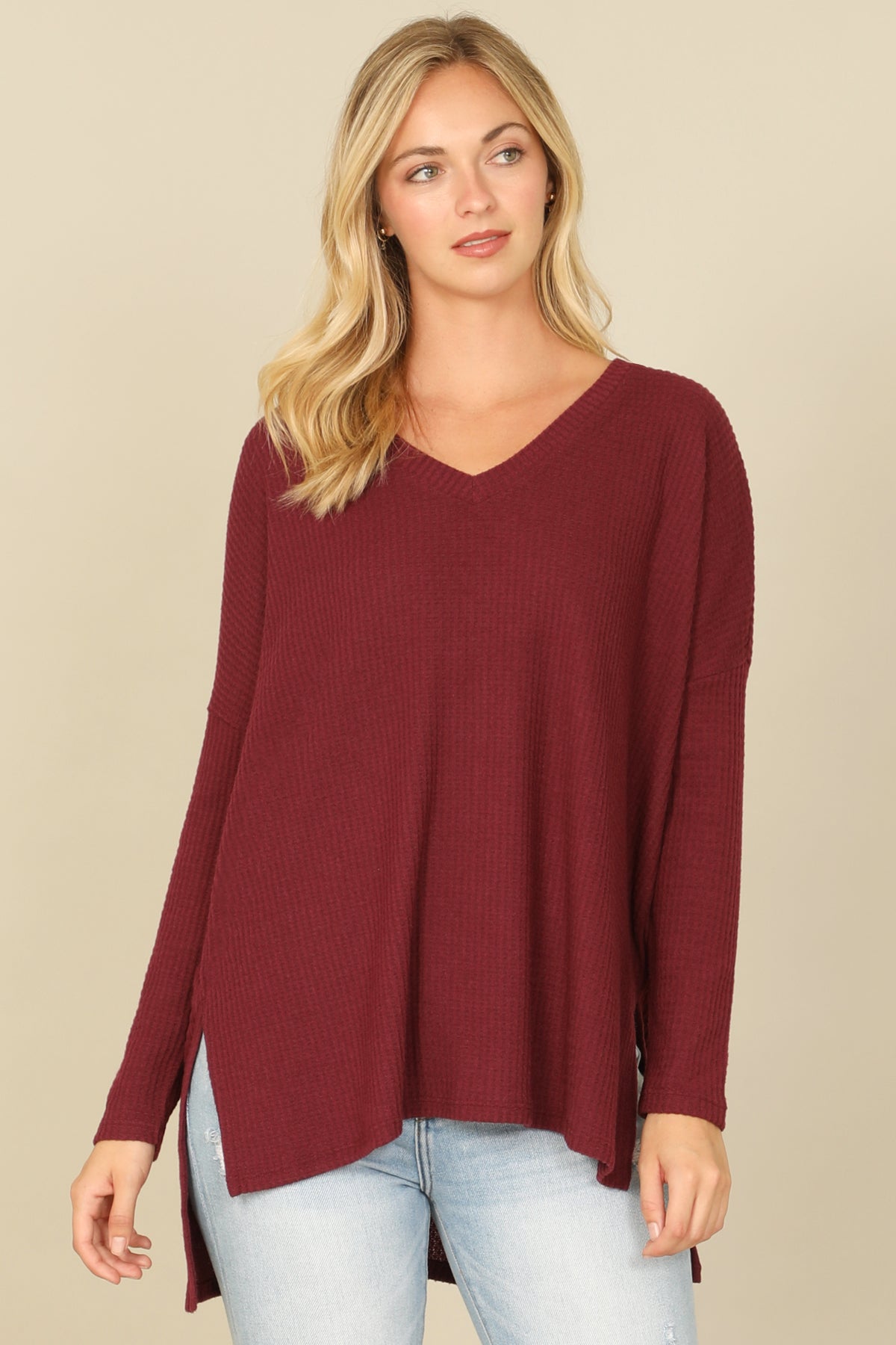 Brushed Waffle V-Neck Long Sleeve Side Slit Top