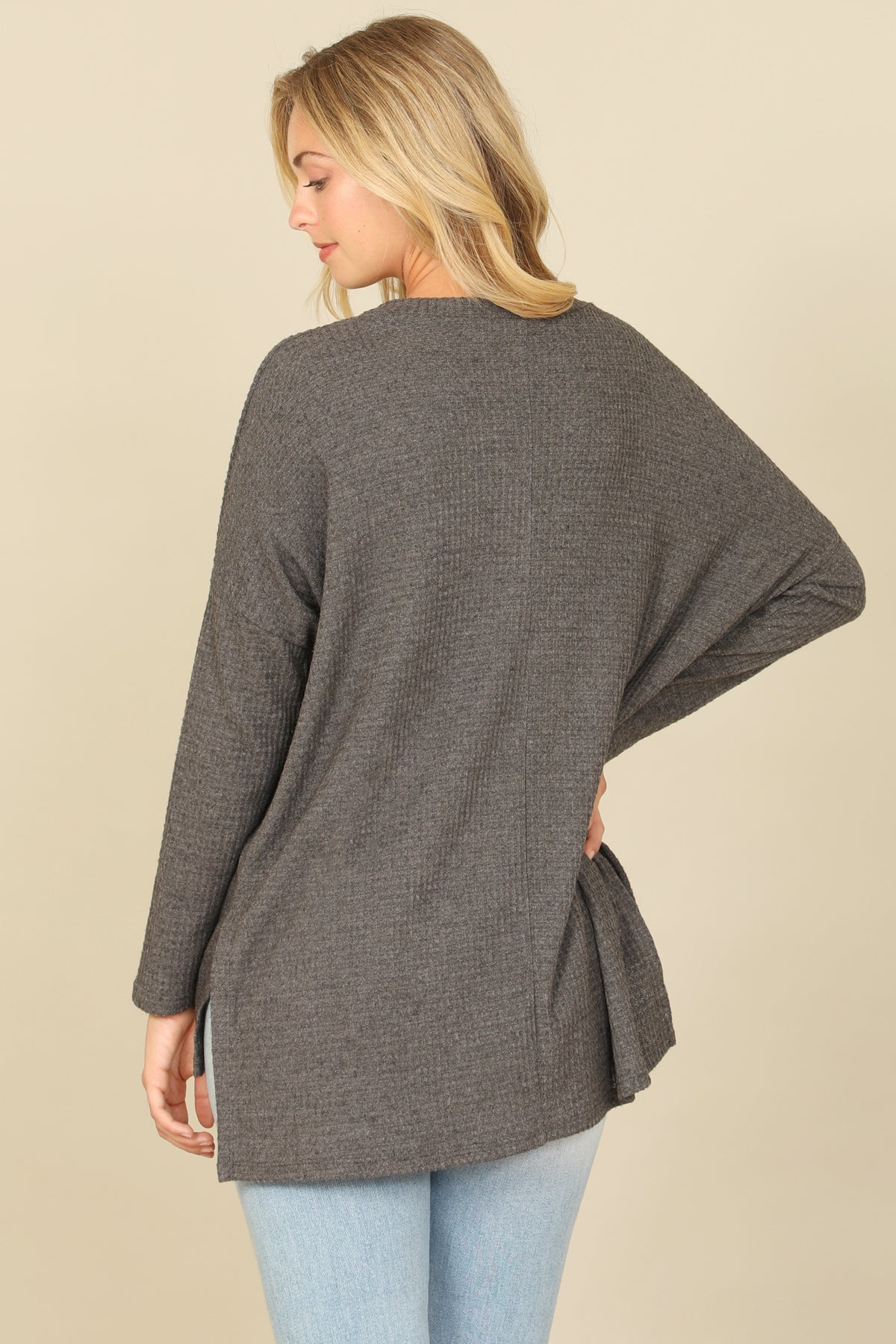 Brushed Waffle V-Neck Long Sleeve Side Slit Top