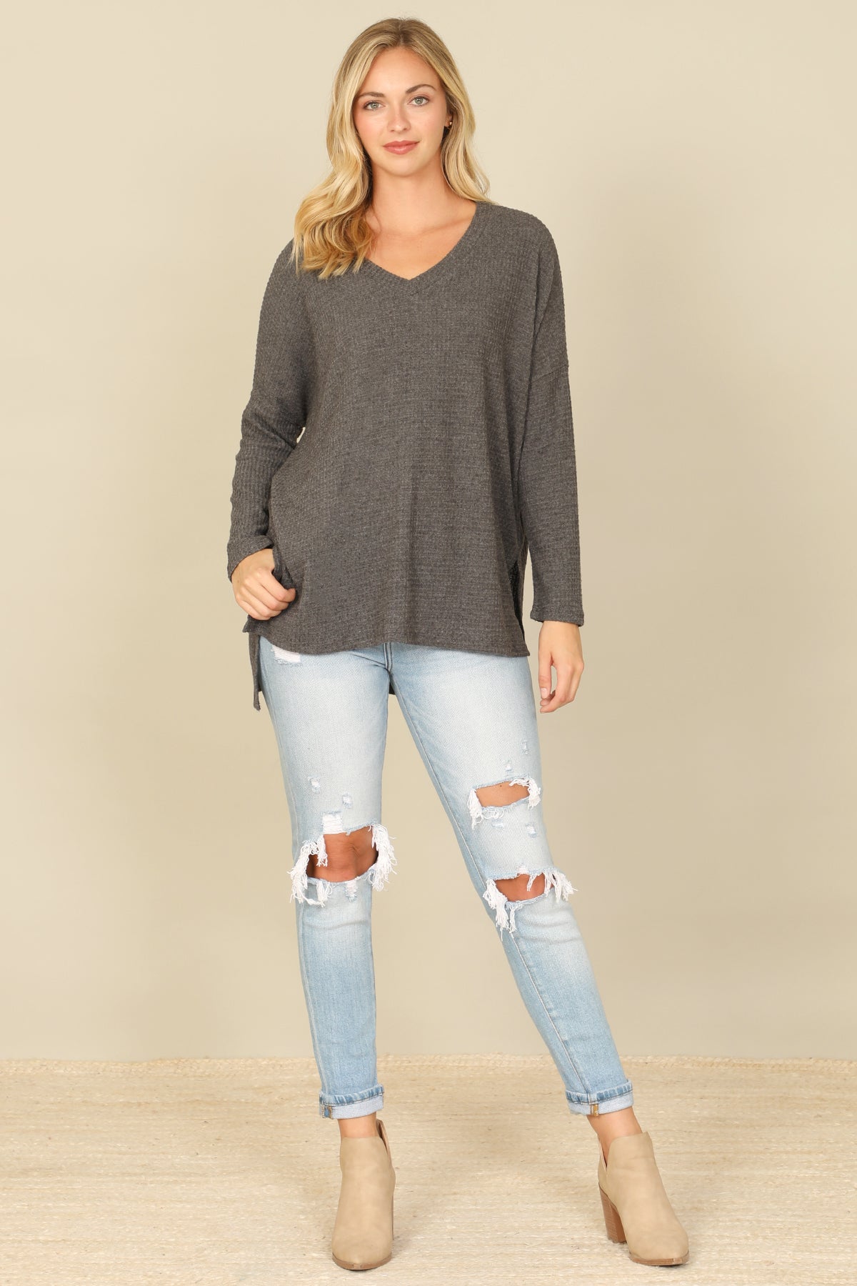 Brushed Waffle V-Neck Long Sleeve Side Slit Top