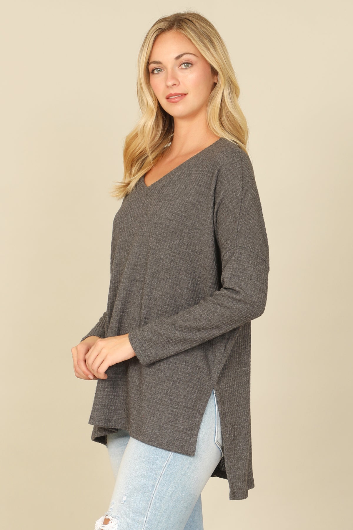 Brushed Waffle V-Neck Long Sleeve Side Slit Top