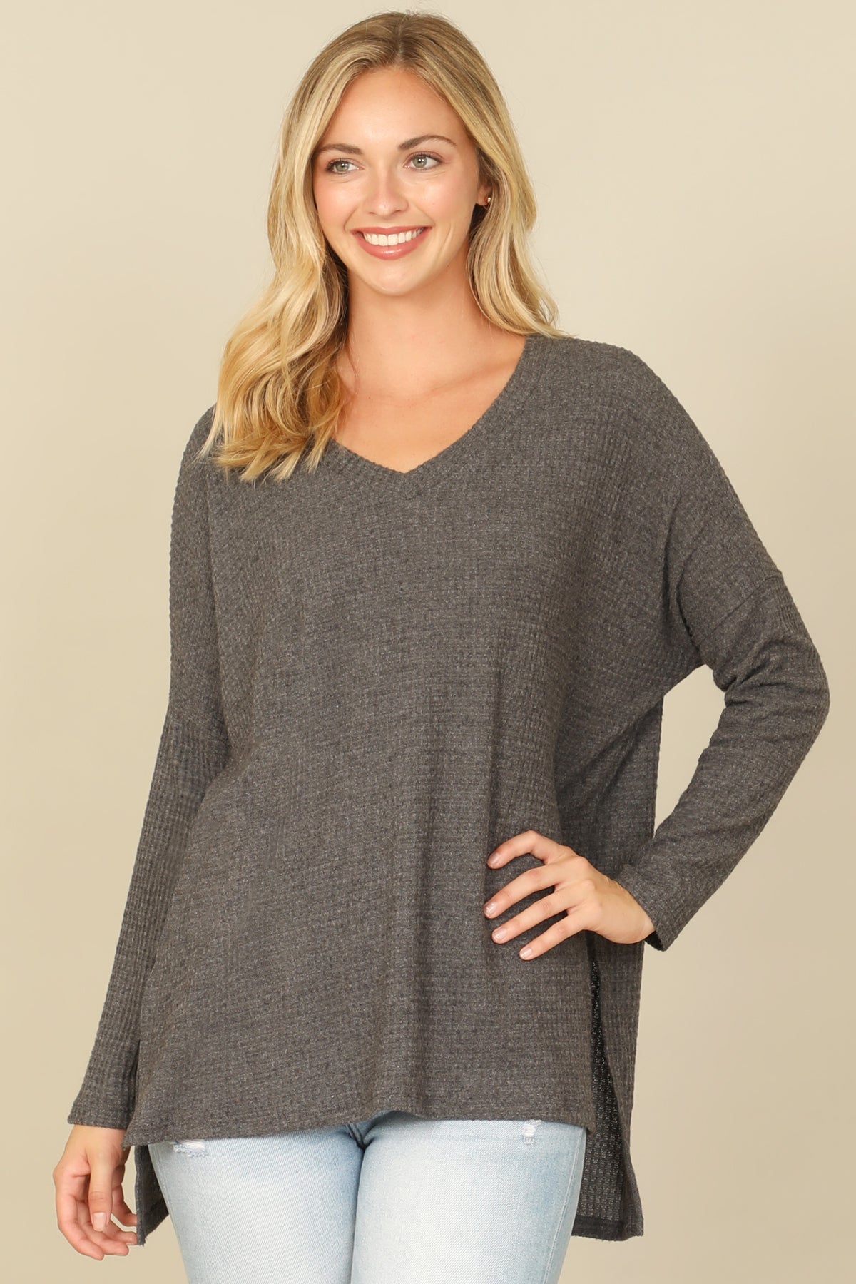 Brushed Waffle V-Neck Long Sleeve Side Slit Top