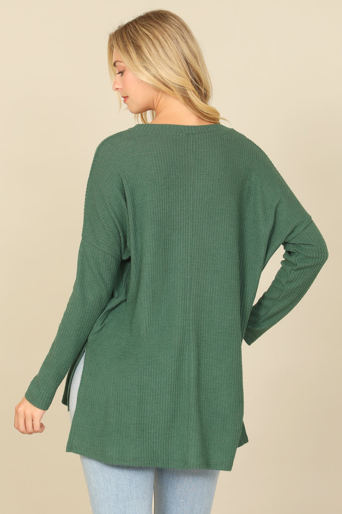 Brushed Waffle V-Neck Long Sleeve Side Slit Top