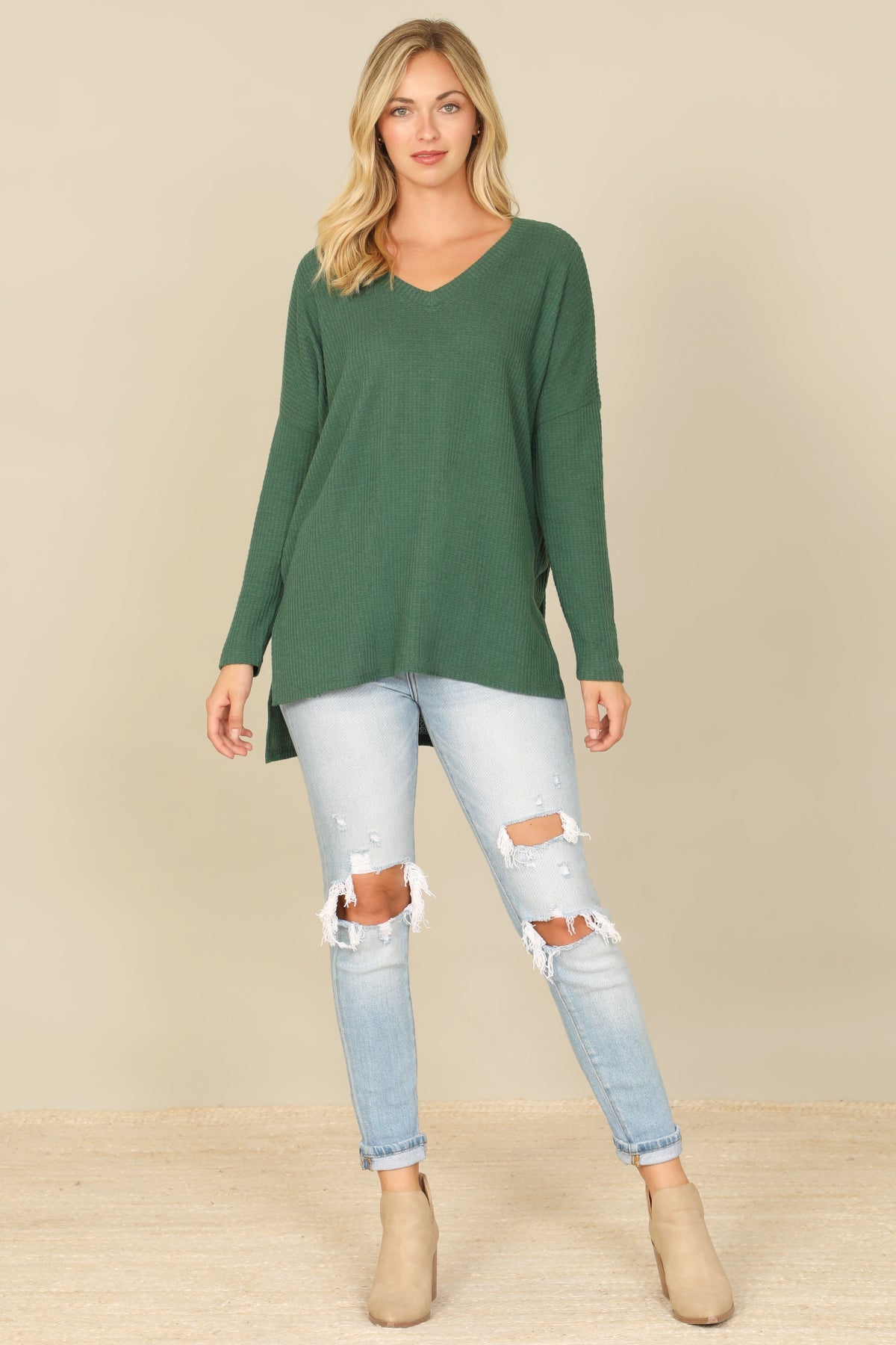 Brushed Waffle V-Neck Long Sleeve Side Slit Top