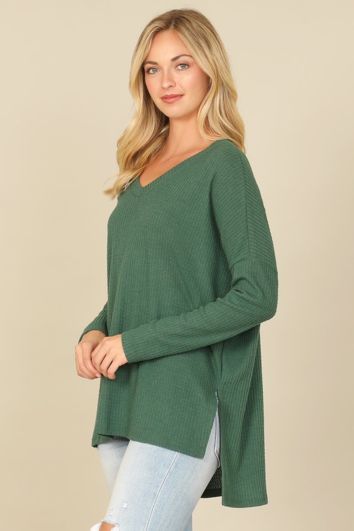 Brushed Waffle V-Neck Long Sleeve Side Slit Top