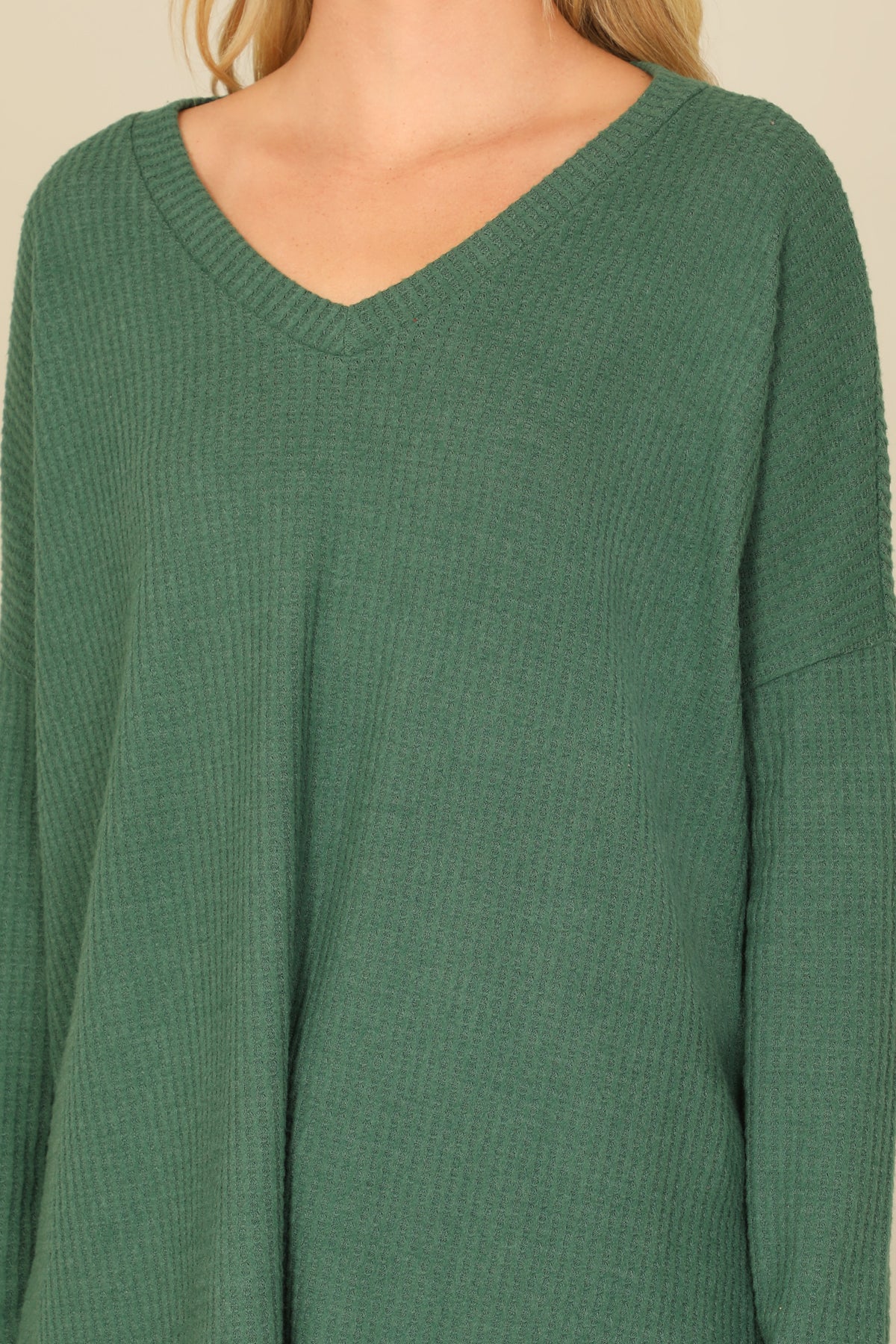 Brushed Waffle V-Neck Long Sleeve Side Slit Top