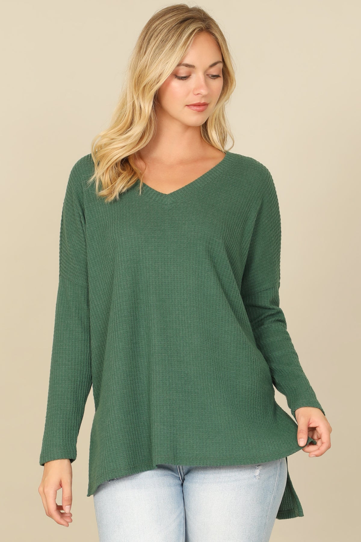 Brushed Waffle V-Neck Long Sleeve Side Slit Top