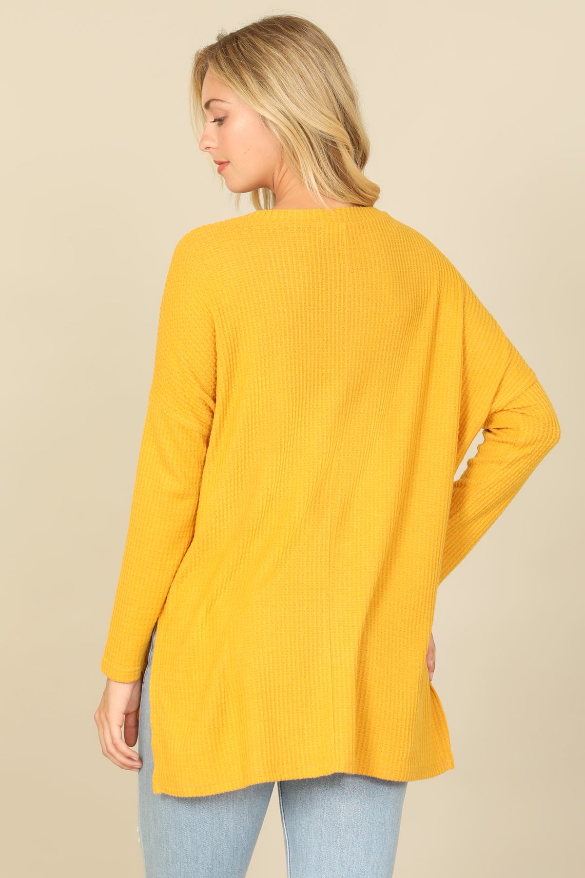 Brushed Waffle V-Neck Long Sleeve Side Slit Top