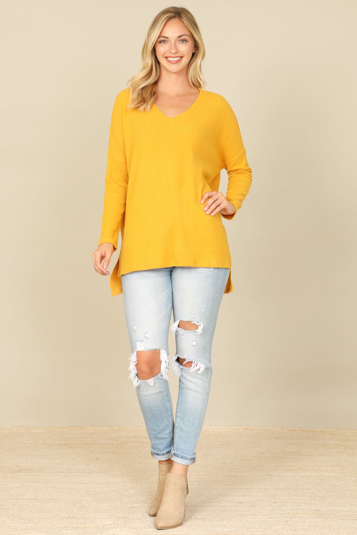 Brushed Waffle V-Neck Long Sleeve Side Slit Top